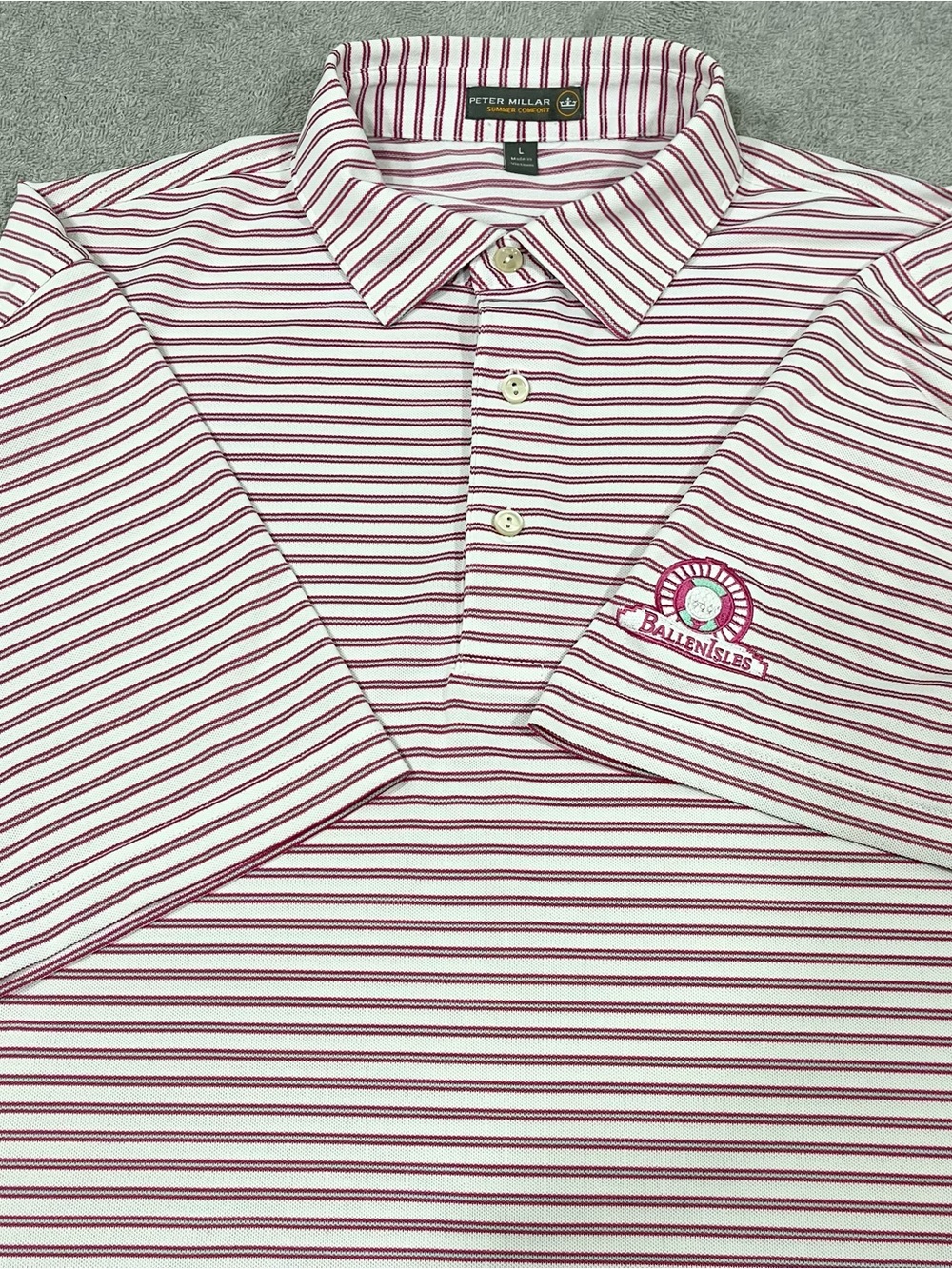 Peter Millar Golf Polo Mens Large Summer Comfort Pink white striped Ballen Isles